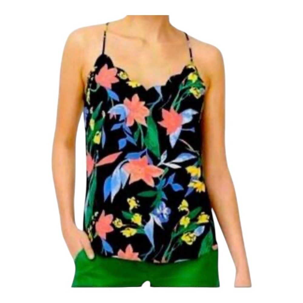 J.Crew Scalloped Floral Cami Women 0 Black Pink Blue Tropical‎ Summer Tank Top